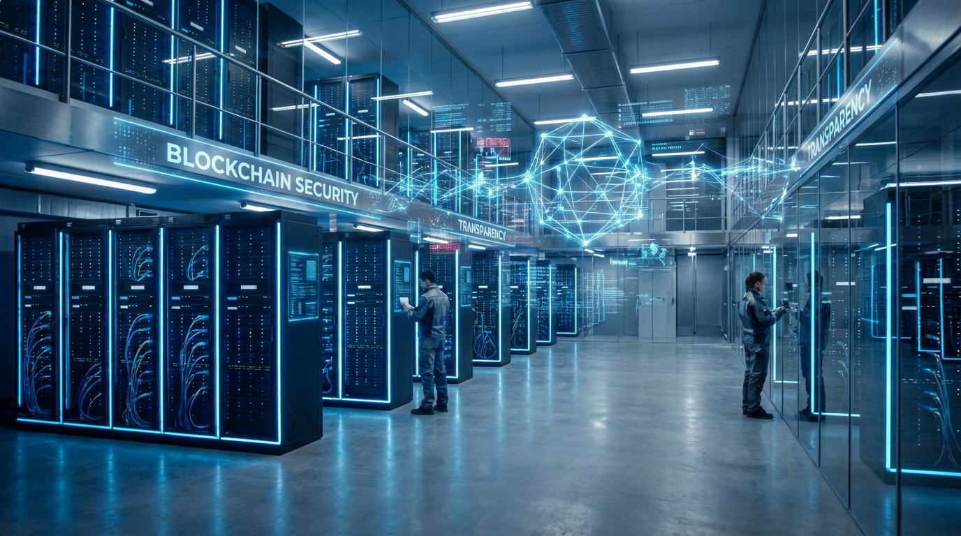 Wnętrze nowoczesnego serwerowni symbolizujące bezpieczeństwo blockchain